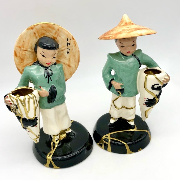Vilas Asian Statuette Pair Kintsugi Repaired Gold Crack Art Growth Gift MCM - Picture 14 of 16